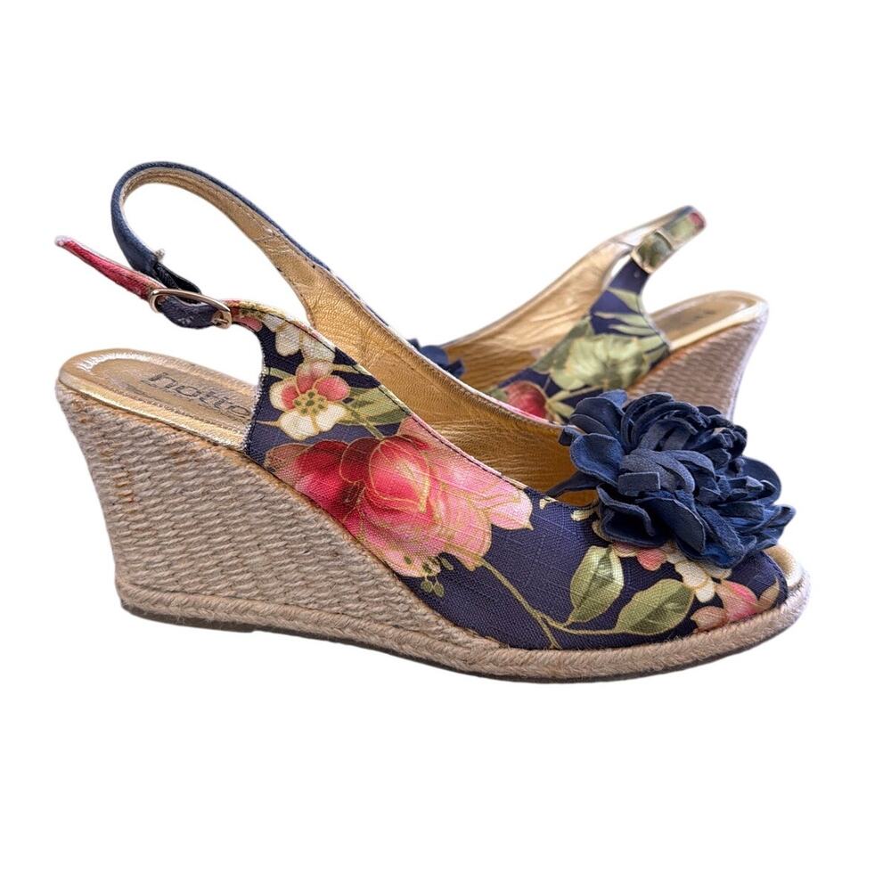 Hotter Floral Wedge Heel Sandal Women's Size 8 Navy Blue Pink Slingback Jute